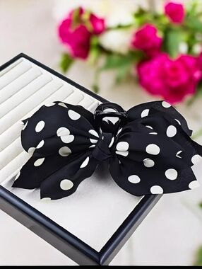 Black Polka Dot Bow Hair Claw Clip New!